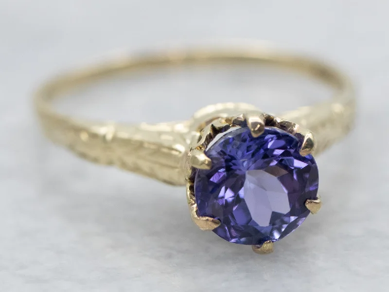 Soft texture rings-Yellow Gold Round Cut Tanzanite Solitaire Ring