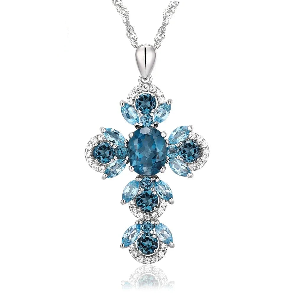 Solar star necklaces-Oval-cut Natural London Blue Topaz Gemstone Cross Necklace