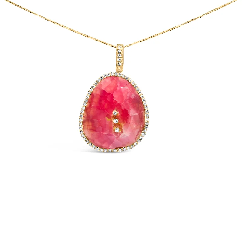 Glossy name necklaces-18K Yellow Gold 42.0 Cttw Pink Quartz Crystal Geode and 1.0 Cttw Diamond Halo 18" Pendant Necklace