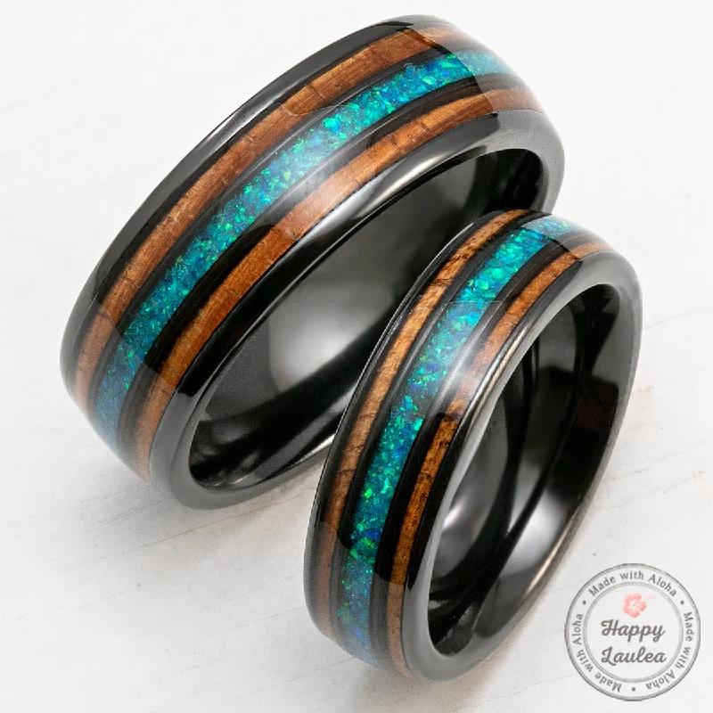 Tri-tone rings-Pair of 6&8mm Zirconium Rings with Azure Blue Opal and Hawaiian Koa Wood Tri-Inlay - Dome Shape, Comfort Fitment