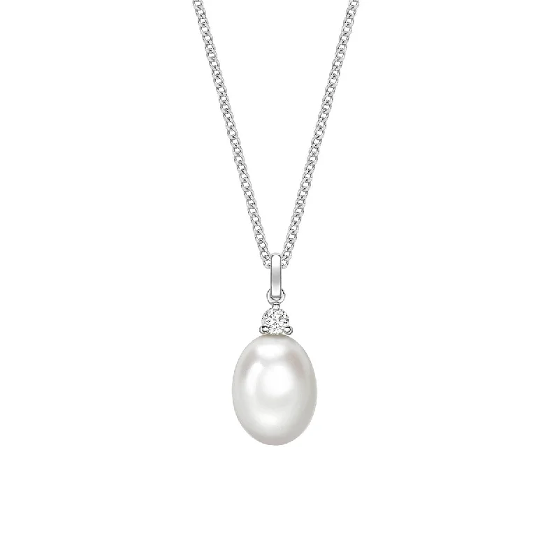 Round gem necklaces-18K White Gold Freshwater Pearl & Diamond Necklace