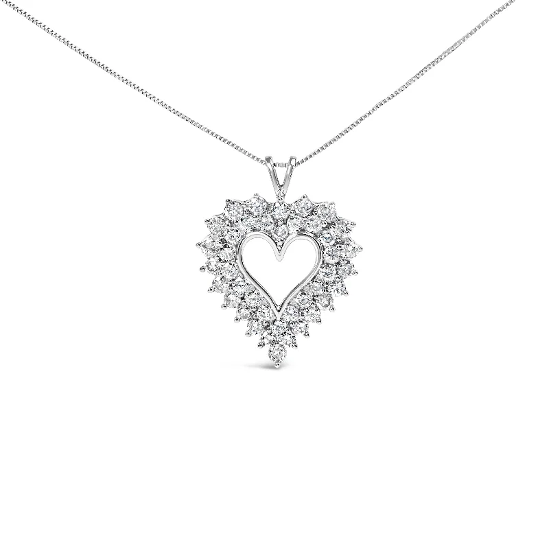 Ripple pattern necklaces-925 Sterling Silver 4.0 Cttw Diamond Two Row Open Heart 18" Pendant Necklace