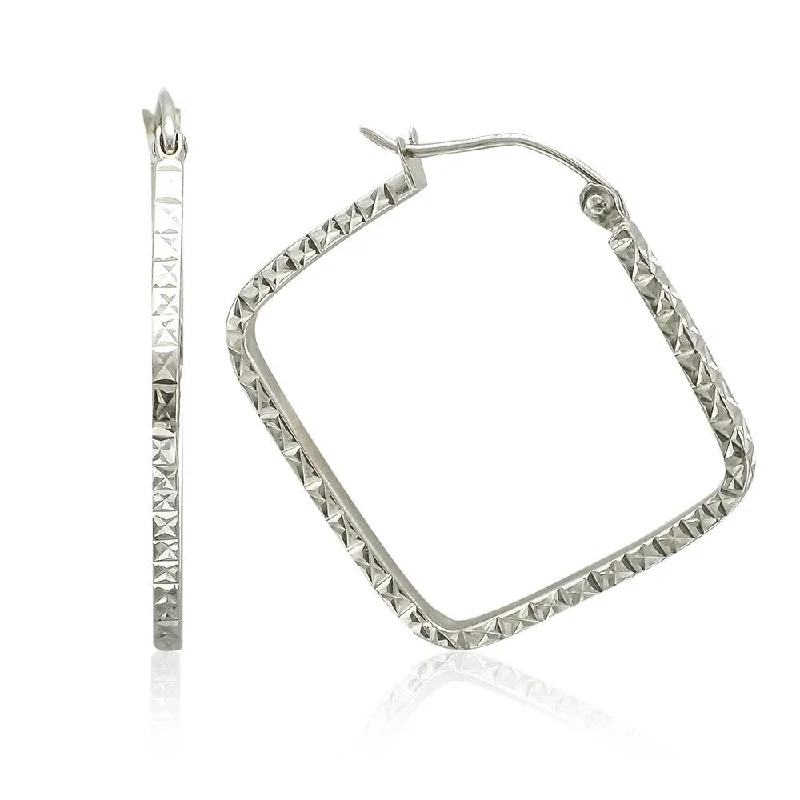 Clear star earrings-14KT WHITE GOLD SQUARE DIAMOND CUT HOOP EARRINGS