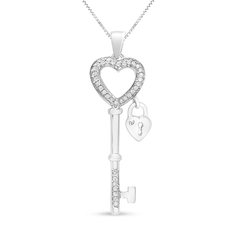 Jute thread necklaces-.925 Sterling Silver 1/4 Cttw Diamond Lock & Key heart 18" Pendant Necklace