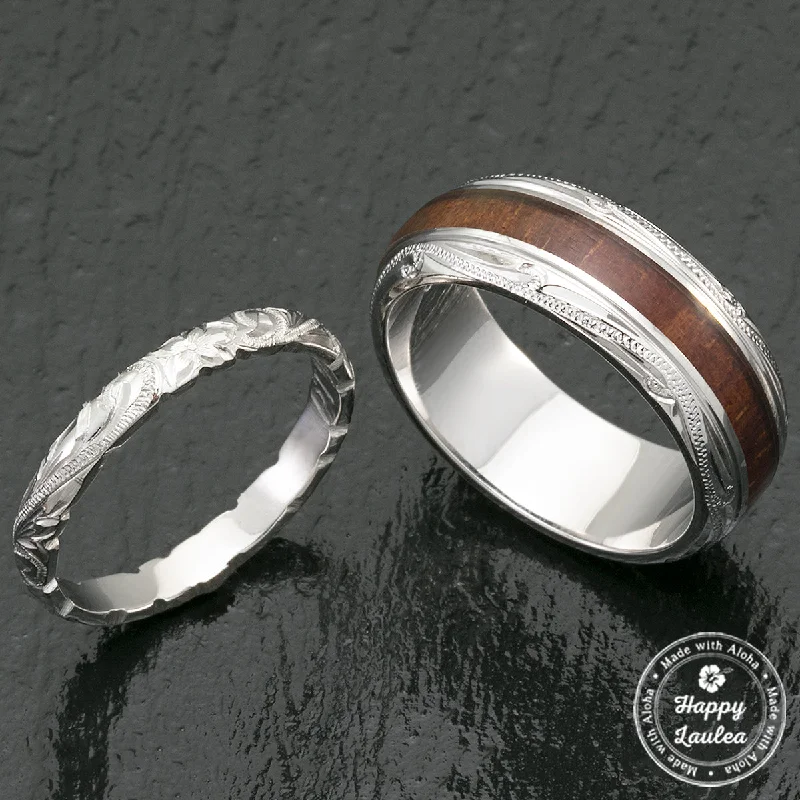 Stone pile rings-Pair of Platinum & Sterling Silver Koa Wood Hawaiian Jewelry Rings - 3&8mm, Dome Shape