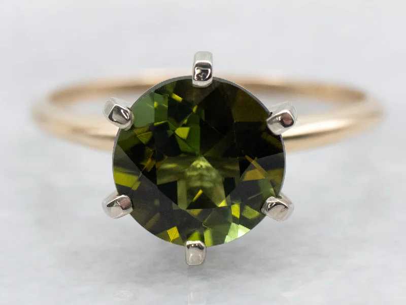 Onyx rings-Two Tone Gold Green Tourmaline Solitaire Ring