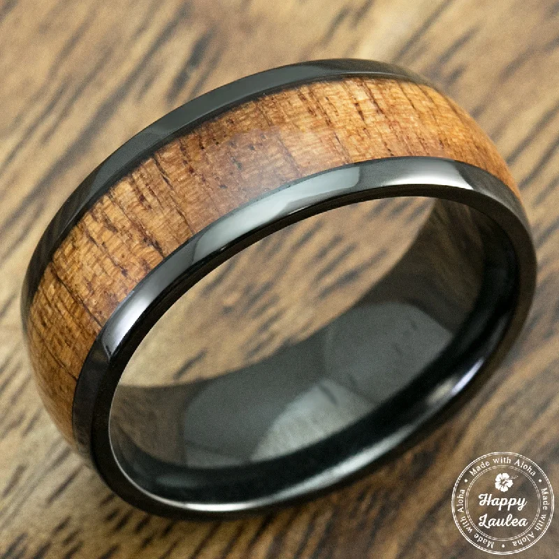 Pure druzy rings-Black Zirconium Ring with Hawaiian Koa Wood Inlay, 8mm, Dome Shape, Comfort Fitment