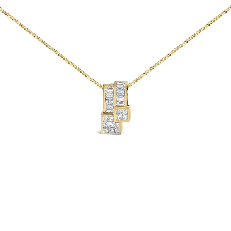 Curved design necklaces-14K Yellow Gold 1 1/2 cttw Princess and Baguette Cut Diamond Geometric Pendant Necklace