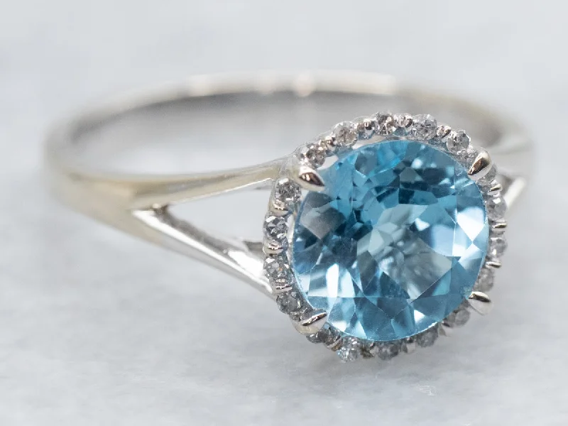 Stacked design rings-Modern Blue Topaz Ring with Diamond Halo