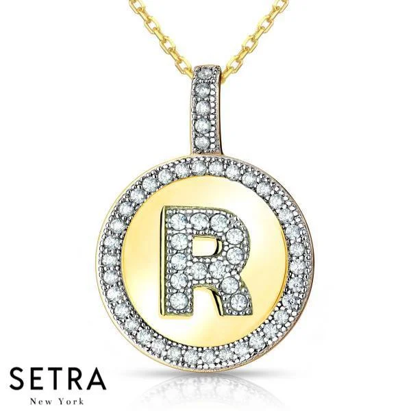 Bold cross necklaces-INITIAL MICRO-PAVE FINE 18K GOLD CIRCLE DISC " R " DIAMONDS NECKLACE