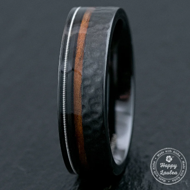 Pure shine rings-Black Zirconium Ring with Hawaiian Koa Wood & Guitar String / 7mm Width / Flat Shape , Comfort Fitment