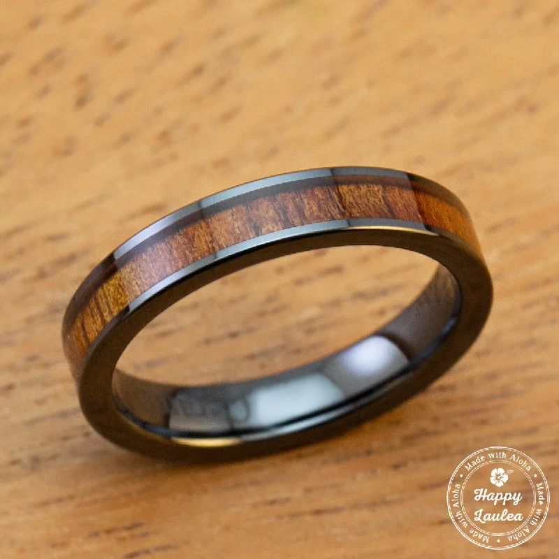 Stacked design rings-HI-TECH Black Ceramic Ring with Koa Wood Inlay - 4mm, Flat Shape, Comfort Fitment