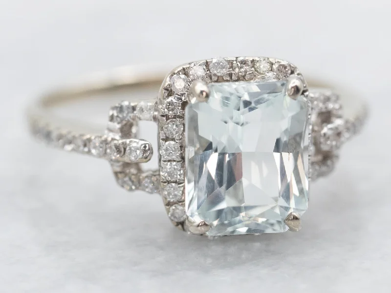 Solid geometric rings-White Gold Emerald Cut Aquamarine Ring with Diamond Halo and Diamond Shoulders