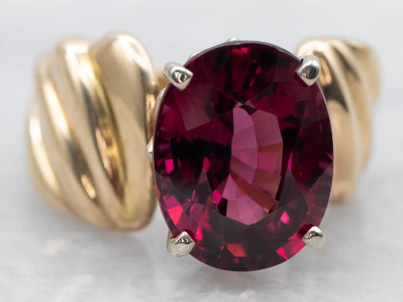 Silk cord rings-Yellow Gold Oval Cut Rhodolite Garnet Solitaire Ring with Twist Shoulders