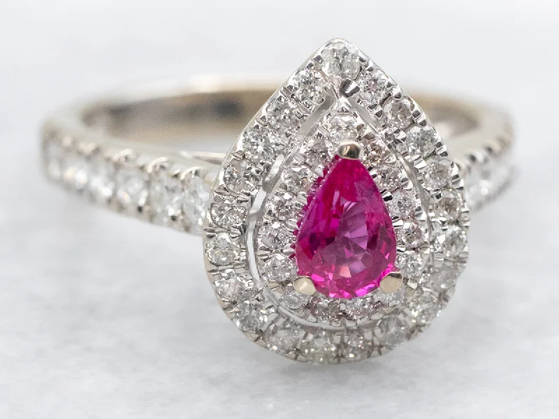 Hand-glossy rings-Modern Pink Sapphire Ring with Double Diamond Halo