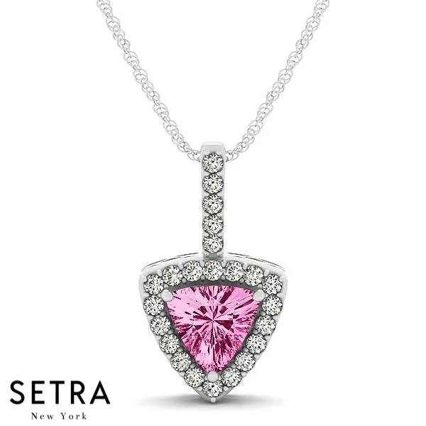 Vine design necklaces-18K White Gold Round Cut Diamonds & Triangle Pink Sapphire In Halo Necklace