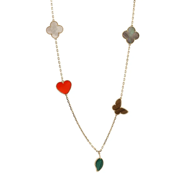 Owl feather necklaces-Lucky Alhambra 12 Motifs Necklace 18K Yellow Gold with Carnelian, Malachite, Mother of Pearl and Tiger Eye