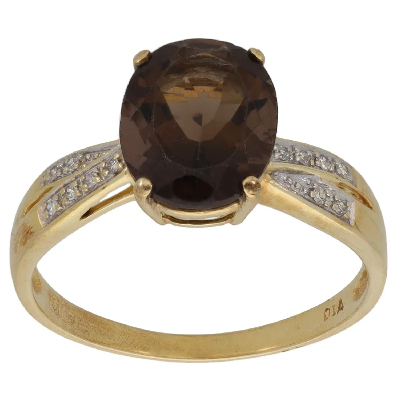 Thread edge rings-9ct Gold 0.06ct Diamond & Smoky Quartz Dress/Cocktail Ring Size T