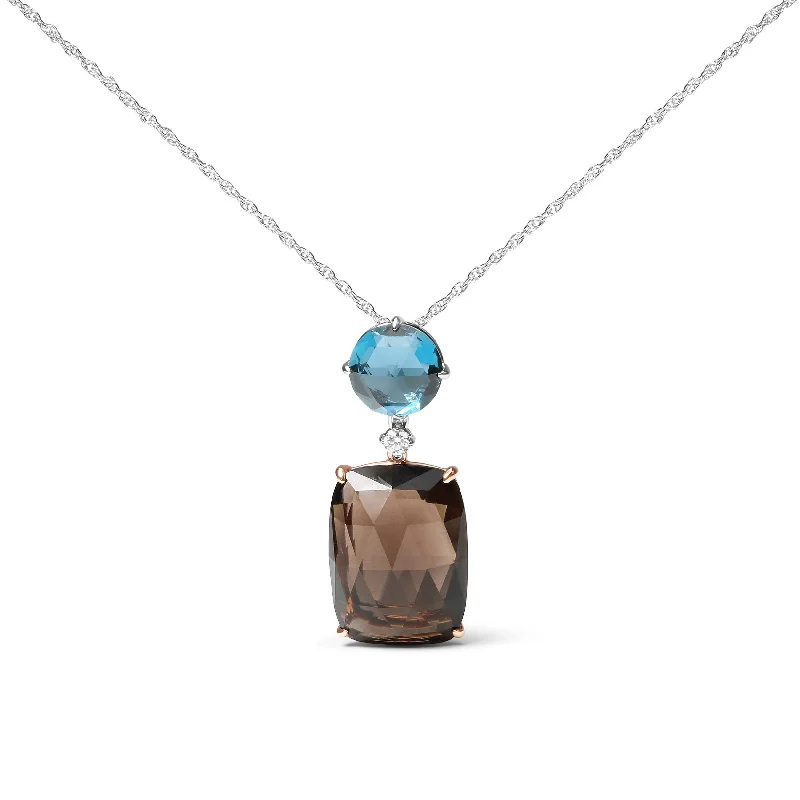 Ripple pattern necklaces-18K Rose and White Gold Diamond Accent and London Blue Topaz and Cushion Cut Smoky Quartz Gemstone Dangle Drop 18" Pendant Necklace