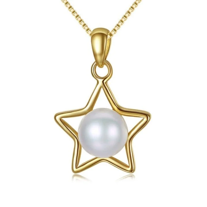 Bright gem necklaces-Five-pointed Star with Natural Freshwater Pearl Necklace