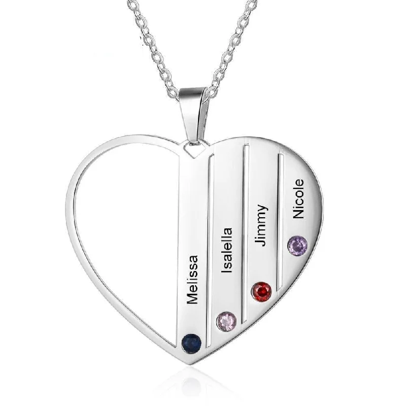 Old coin necklaces-Custom Engraved Family Heart Necklace with Birthstones