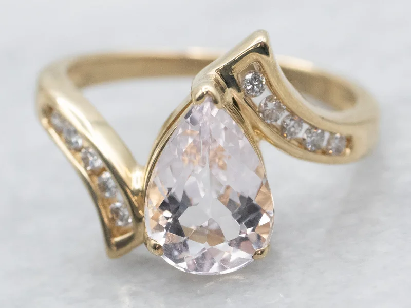 Bead edge rings-Pear Cut Morganite Bypass Ring with Diamond Shoulders