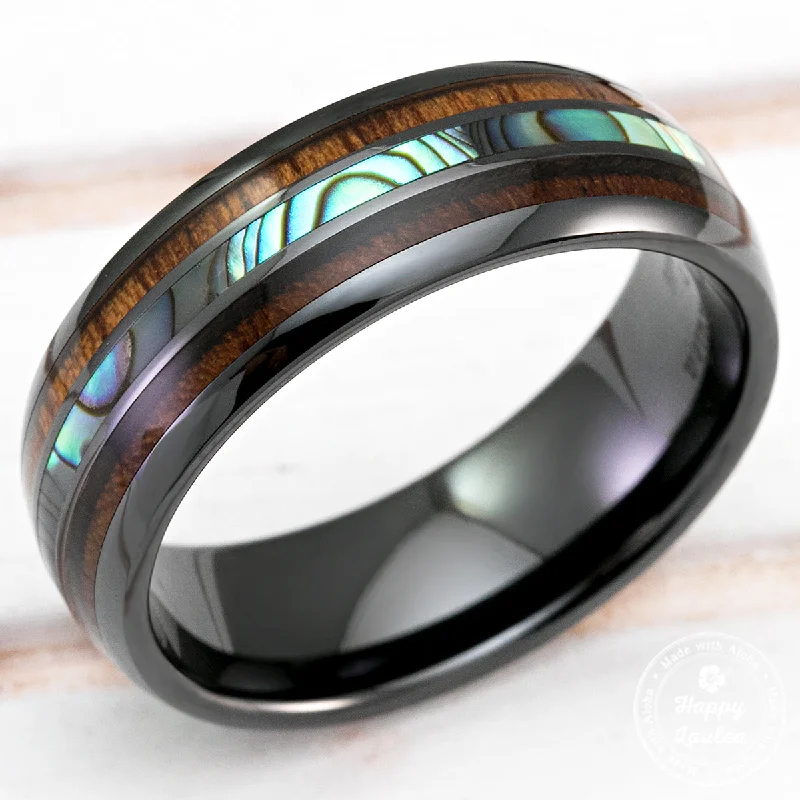 Lapis inlay rings-Black Hi-Tech Ceramic Ring with Abalone Pau'a Shell and Hawaiian Koa Wood Tri-Inlay - 8mm, Dome Shape, Comfort Fitment