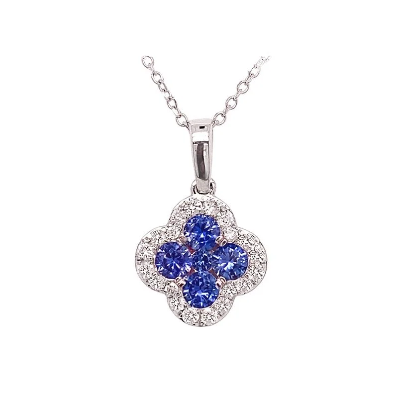 Classic photo necklaces-18K White Gold Blue Sapphire & Diamond Clover Necklace /17''