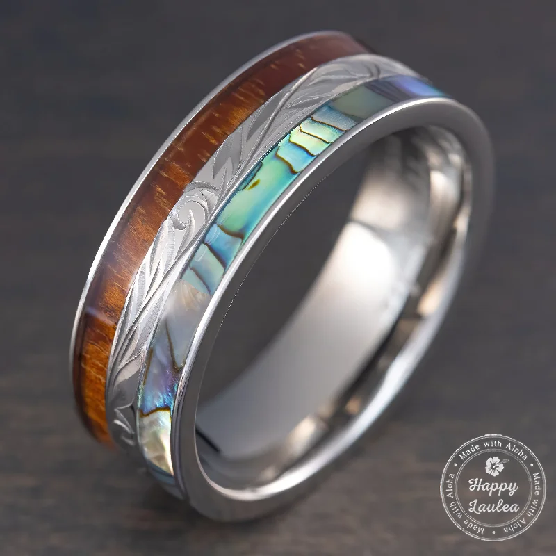 Reed style rings-Titanium Hand Engraved Ring [8mm width] Abalone Shell & Hawaiian Koa Wood Inlay