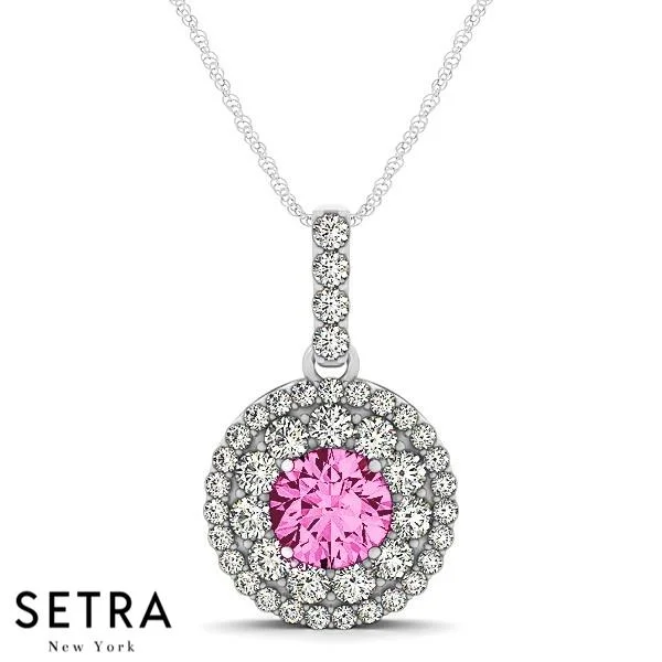 Bold cross necklaces-18K Gold Round Cut Diamonds & Pink Sapphire In Double Halo Setting Necklace