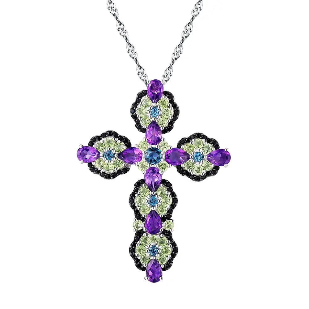 Akoya pearl necklaces-Natural Topaz and Amethyst Gemstone Cross Pendant Necklace