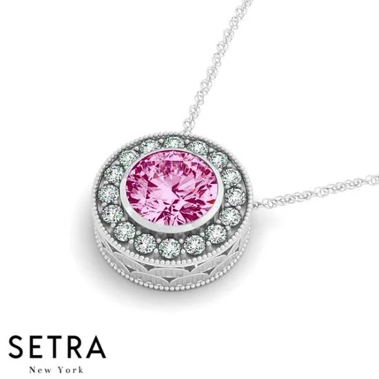 Classic photo necklaces-Vintage 18K Gold Round Cut Diamonds & Pink Sapphire In Halo Setting Necklace