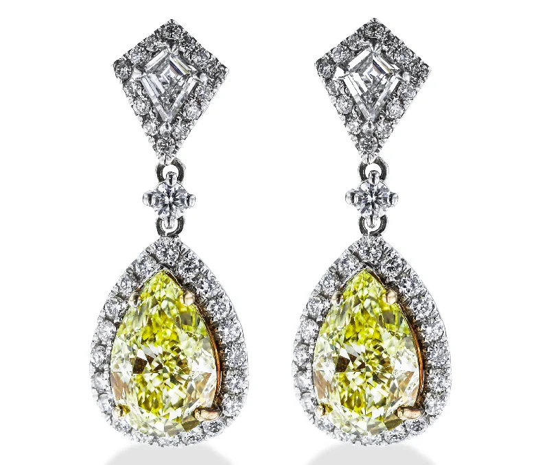 Sleek coin earrings-18KT WHITE GOLD 6.27CTW YELLOW DIAMOND & 1.29CTW DIAMOND DANGLE EARRINGS