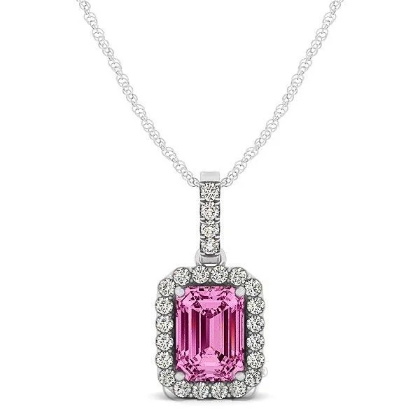 Flat disc necklaces-Vintage 18K Gold Round Cut Diamonds & Emerald Pink Sapphire In Halo Setting Necklace