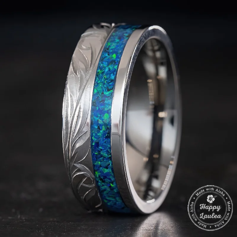 Fine thread rings-Titanium Hand Engraved Ring [8mm width] Azure Blue Opal