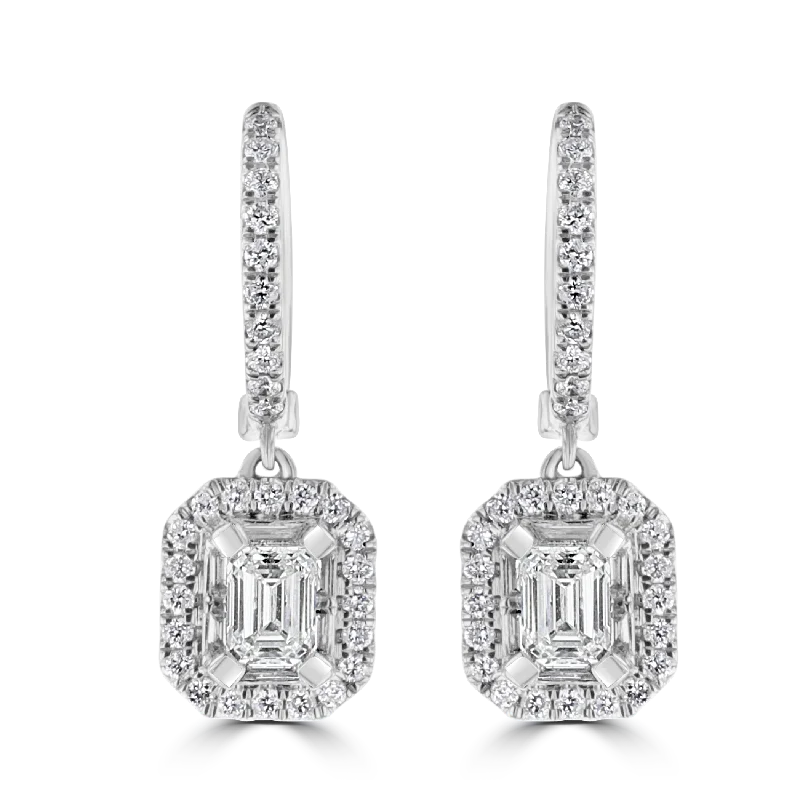 Thin wire earrings-18KT WHITE GOLD 1.23 CTW DIAMOND HALO DROP EARRINGS