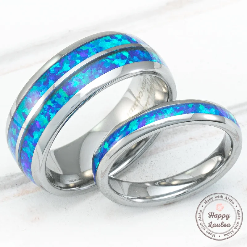 Fine thread rings-Pair of  3 & 8mm assorted Tungsten Carbide Rings with Blue Opal Inlay - Dome Shape, Comfort Fitment