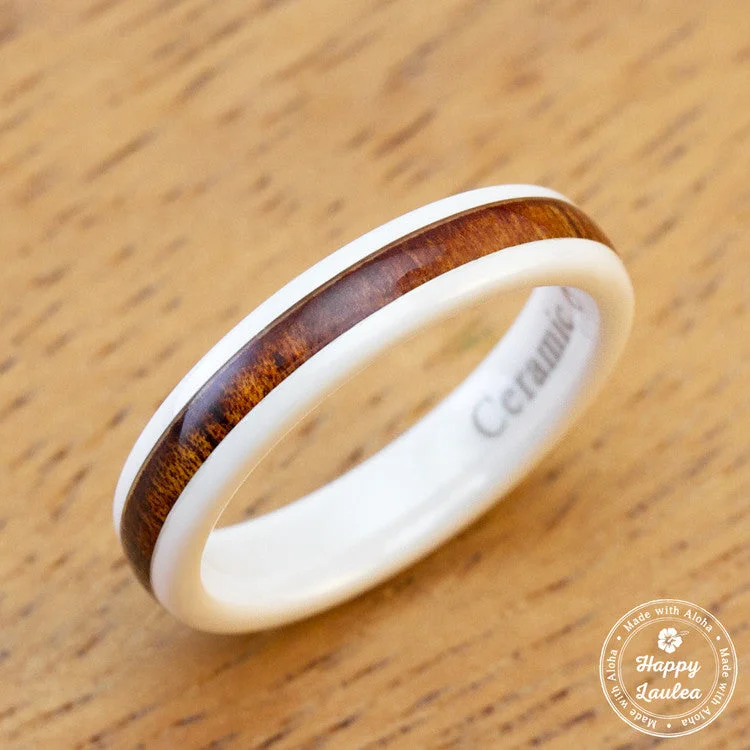 Sleek clasp rings-HI-TECH White Ceramic Ring with Hawaiian Koa Wood Inlay - 4mm, Dome Shape, Comfort Fitment