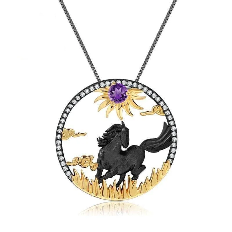 Grace charm necklaces-Year Of The Horse- Natural Amethyst Handmade Sun & Horse Necklace