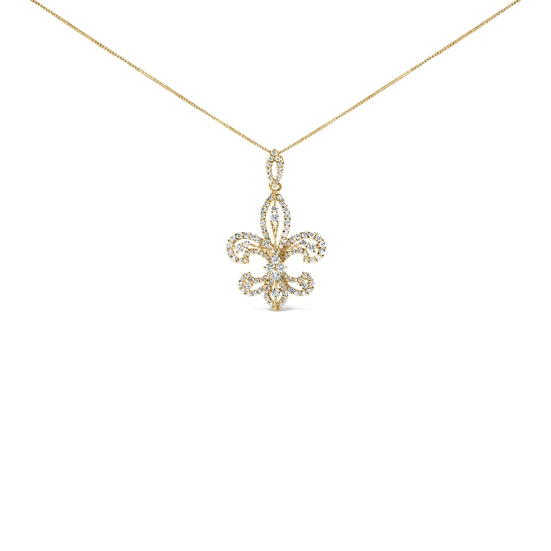 Ripple shape necklaces-14K Yellow Gold 1.00 Cttw Round Diamond Fleur De Lis 18" Pendant Necklace