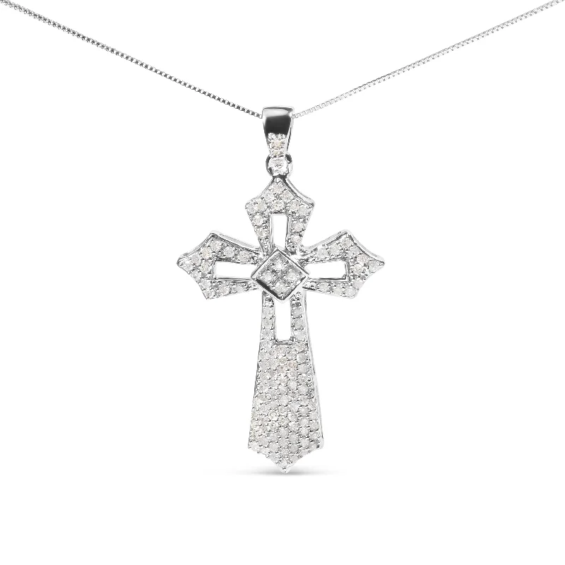 Flat disc necklaces-.925 Sterling Silver 1.00 Cttw Diamond Fleur De Lis Cross 18" Pendant Necklace