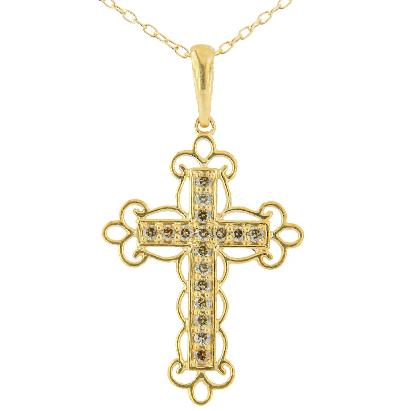 Round gem necklaces-10K Yellow Flashed .925 Sterling Silver 1/4 Cttw Champagne Diamond Filigree Cross Pendant Necklace