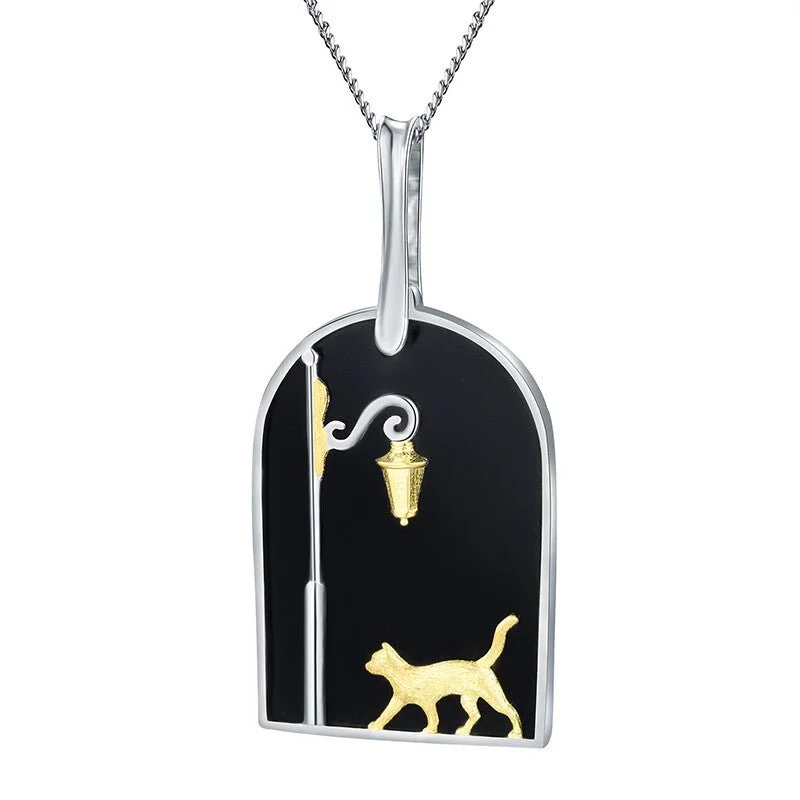 Stacked chain necklaces-Cute Cat under the Street Lamp Necklace