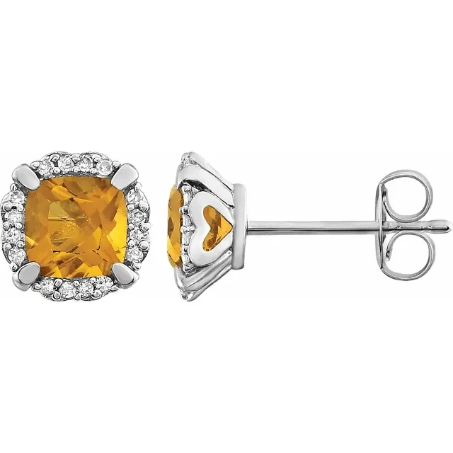 New moon earrings-14KT WHITE GOLD 1 CTW CITRINE & 1/10 CTW DIAMOND CUSHION HALO EARRINGS