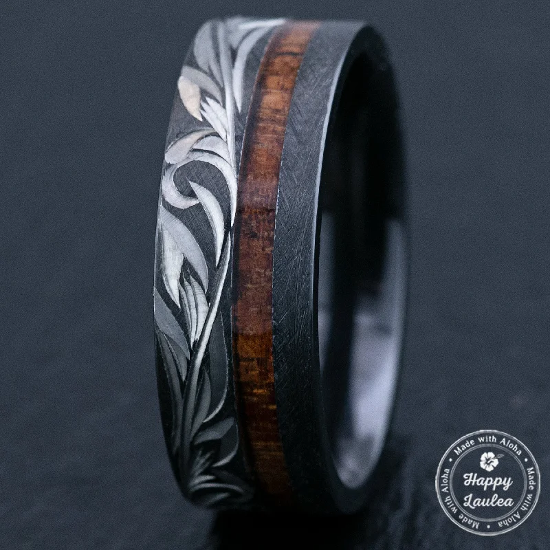 Akoya pearl rings-Black Zirconium Hand Engraved Ring [8mm width] Offset Koa Wood Inlay - Flat Shape, Comfort Fitment