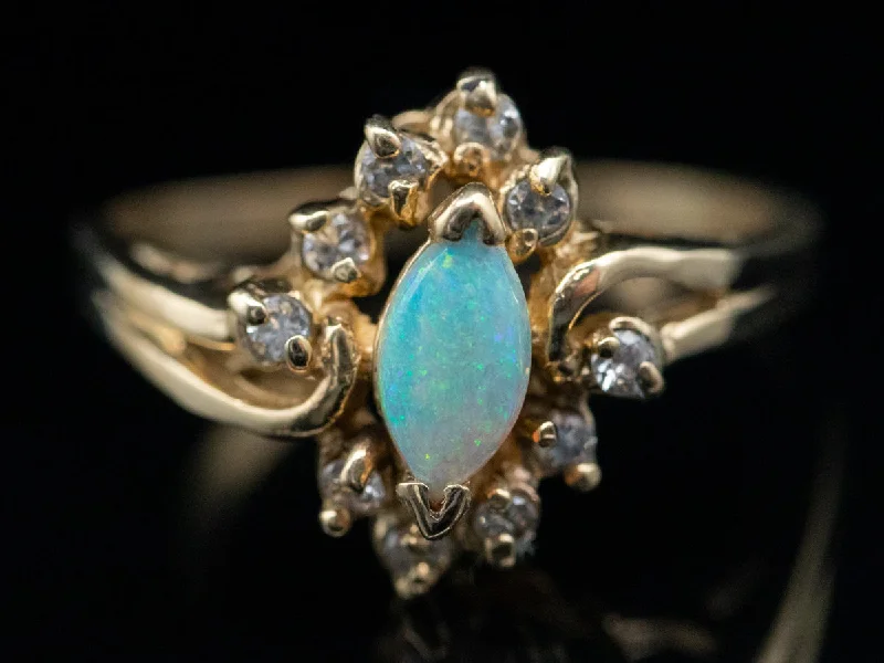 Vine carved rings-Marquise Cut Opal Ring with Diamond Halo