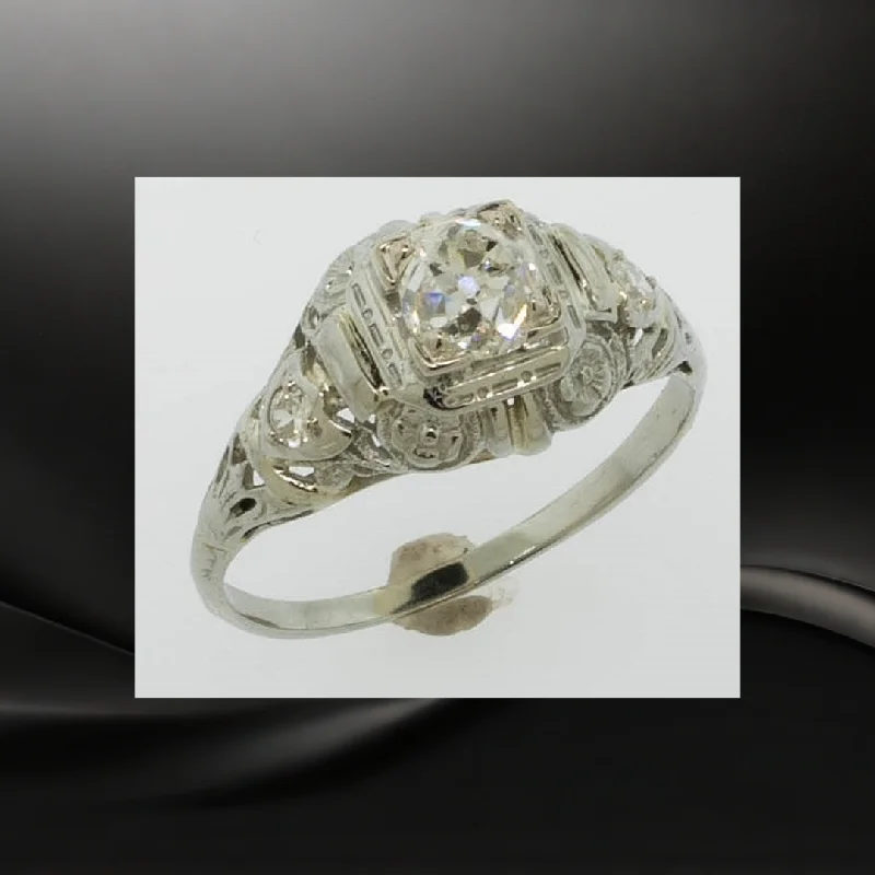 Square gem rings-18K White Gold Old Mine Cut Diamond (~.64 center) Filigree Ring Size 7 Preowned