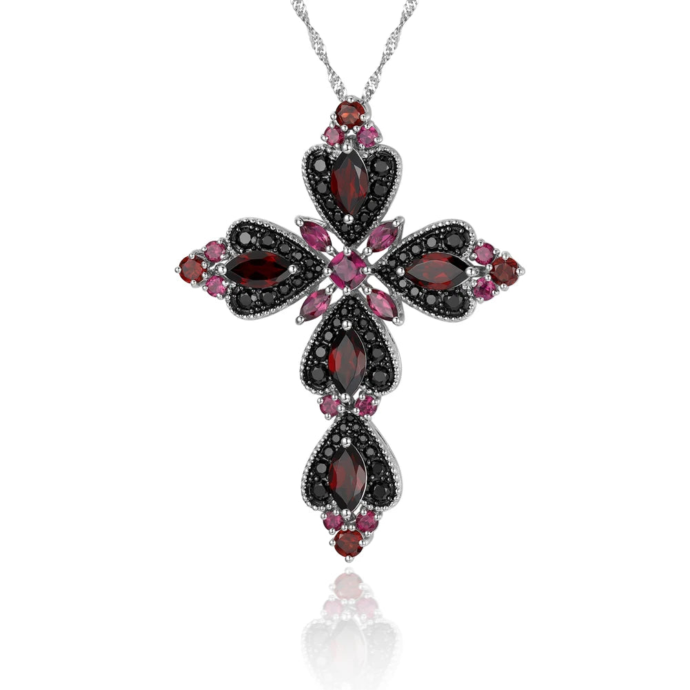 Multi-layer necklaces-Created Rhodolite Garnet & Black Spinel Cross Bohemian Pendant Necklace