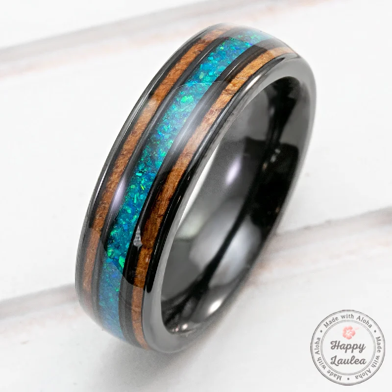 Regency style rings-Black Zirconium Ring with Azure Blue Opal & Hawaiian Koa Wood Tri-Inlay - 6mm, Dome Shape, Comfort Fitment