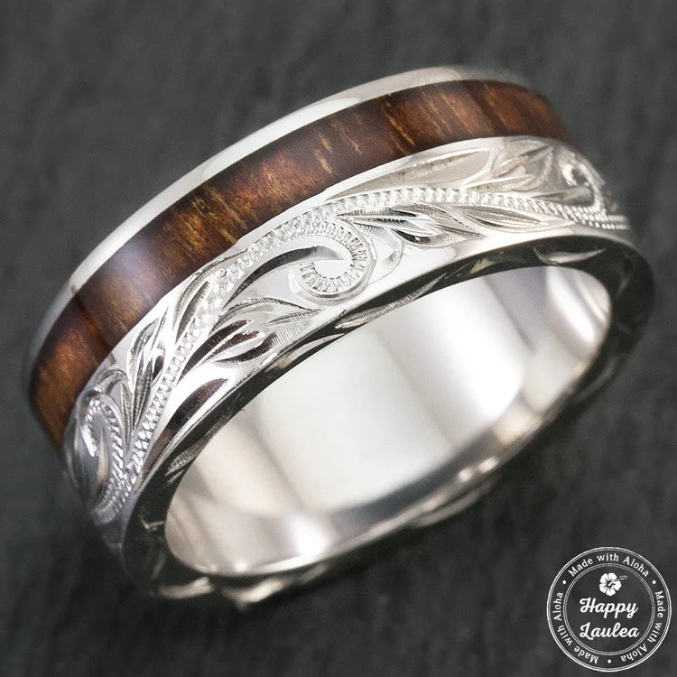 Woven thread rings-Sterling Silver Hand Engraved Ring with Offset Hawaiian Koa Wood Inlay